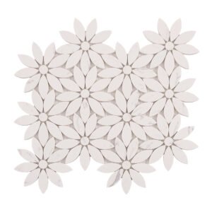 Obverse side of white daisy waterjet marble mosaic tiles