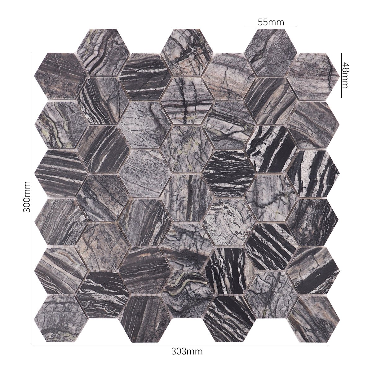 Size view of obverse side of dark grey hexagon marble mosaic tiles