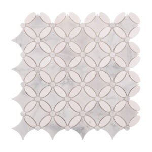 Obverse side of Carrara white flower marble mosaic tiles