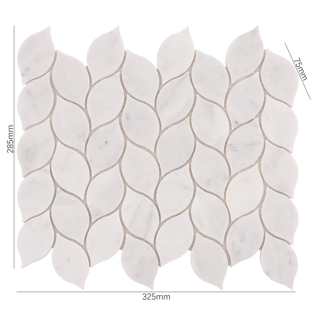 Obverse side of Carrara white leaf marble mosaic tiles, showing size