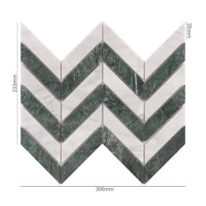 Piastrelle a mosaico in marmo – bianco / verde, a spina di pesce, levigato