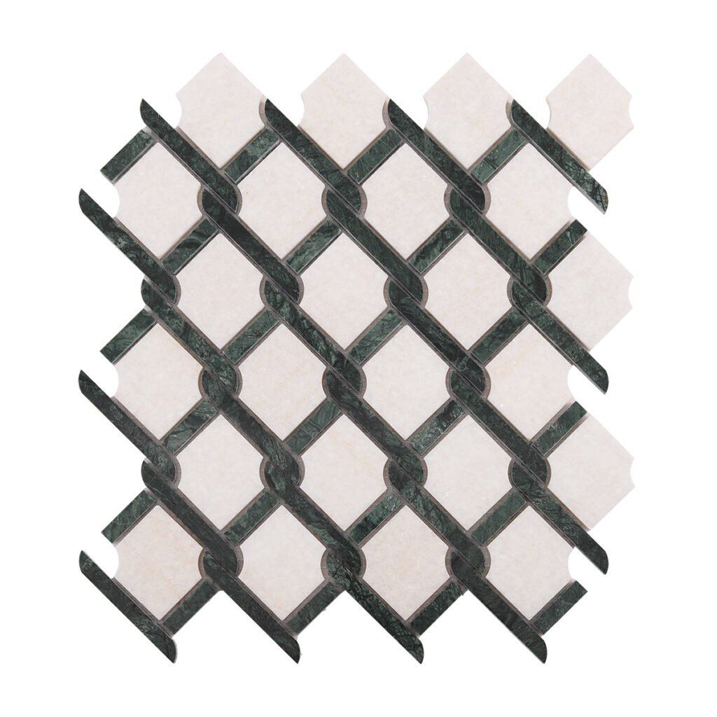 Mosaicos de pedra natural em padrão Princess Weave nas cores Thassos, verde e branco