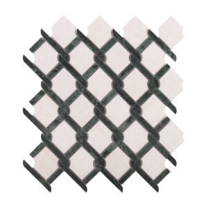 Obverse side of Thassos Green and White Princess Weave natural stone mosaic tiles
