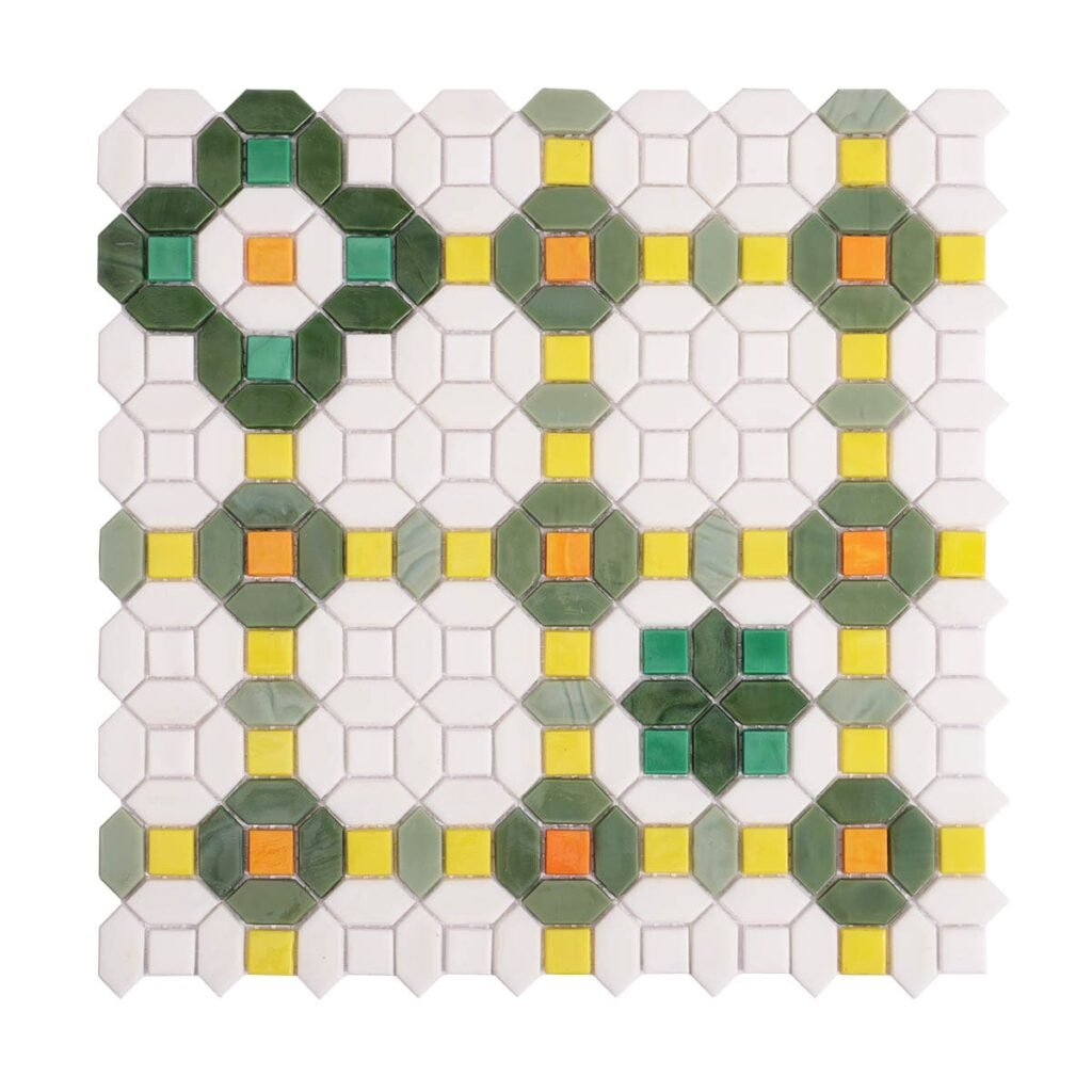 Glasmosaikfliesen – Weiß / Grün, Blumenmuster