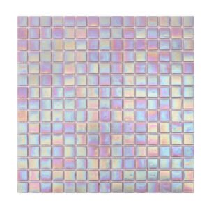 Front side of purple iridescent square glass mosaic tiles
