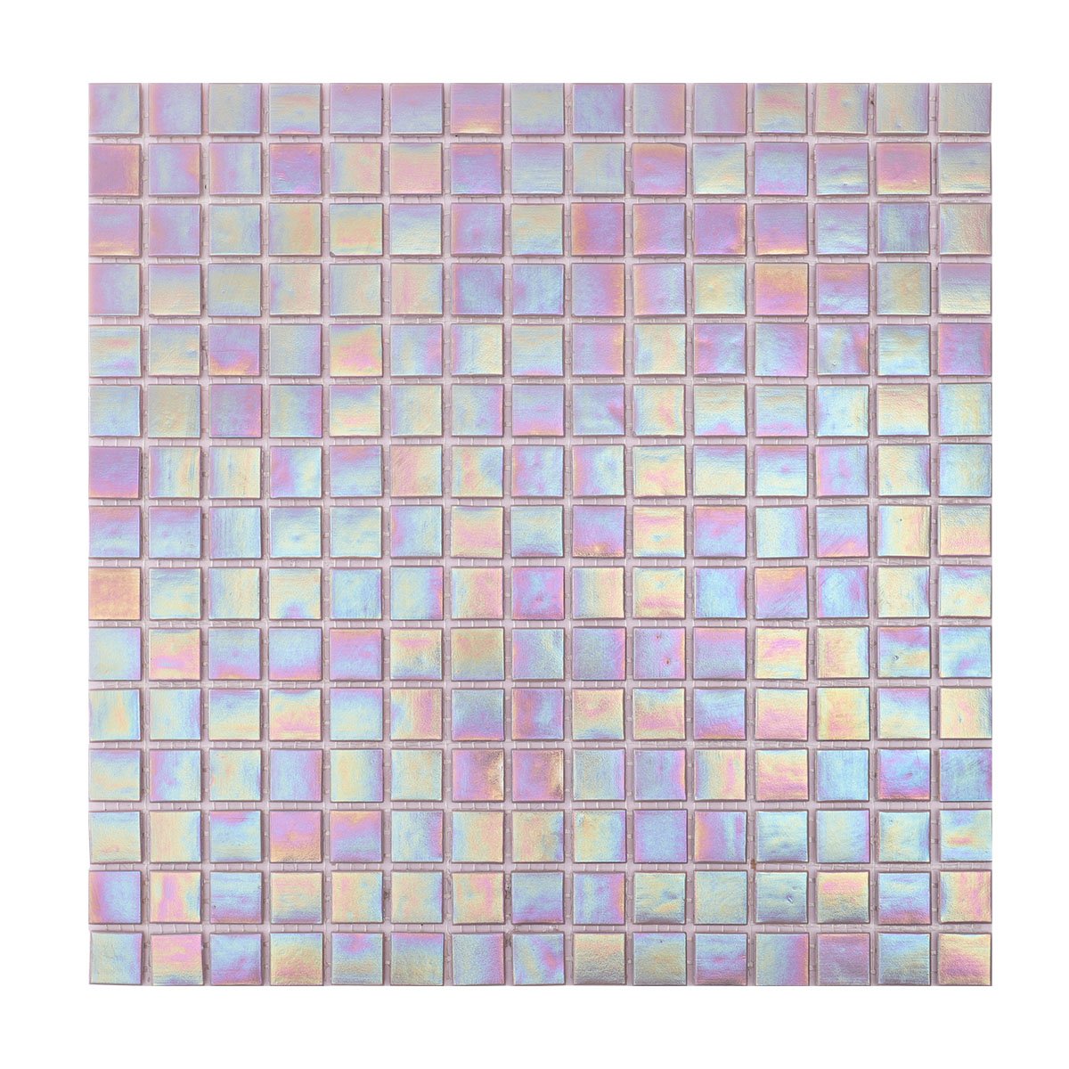 Front side of purple iridescent square glass mosaic tiles