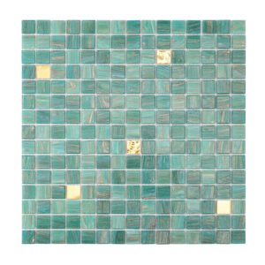 Obverse side of green and gold glass mosaic tiles