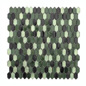 Obverse side of mini picket green and black glossy glass mosaic tiles