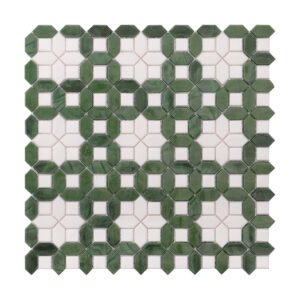 Obverse side of white and green picket glass mosaic tile