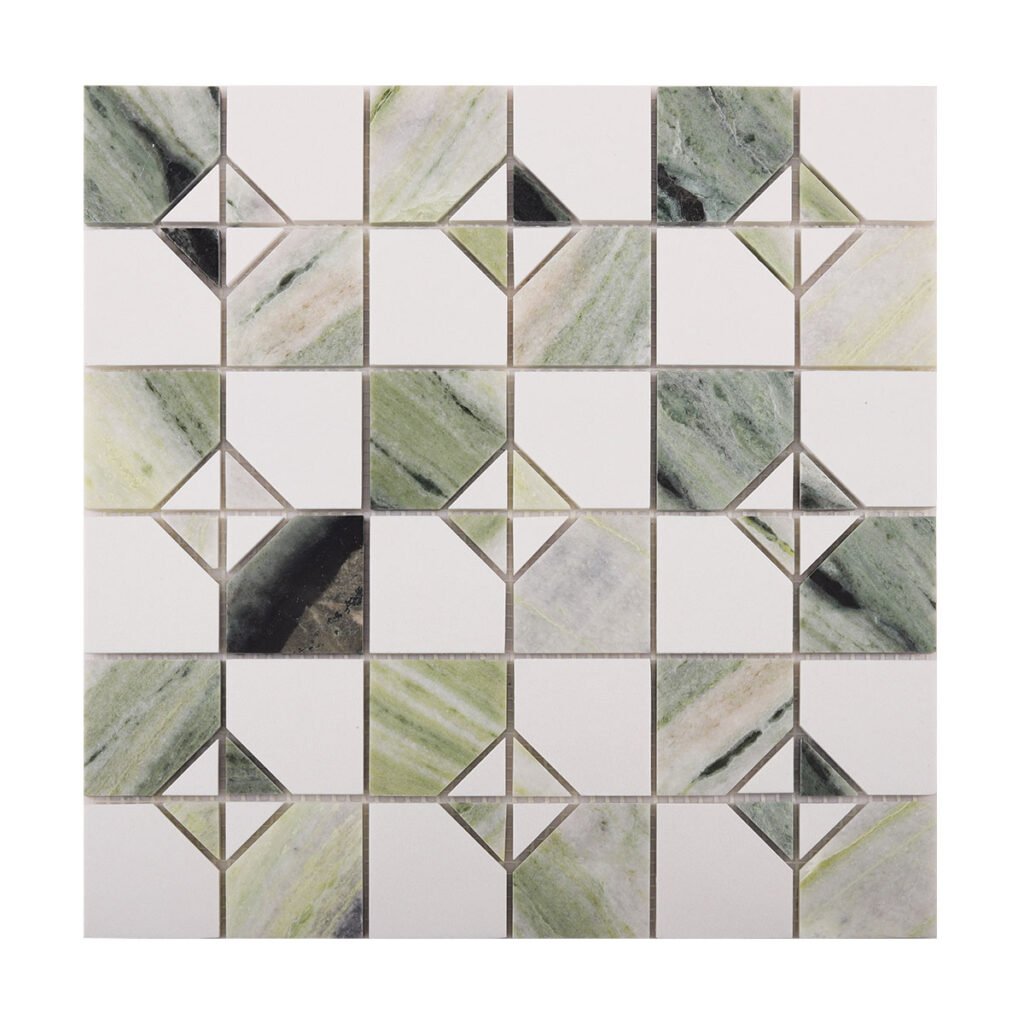 Mosaicos de mármore verde Ming e branco com acabamento mate