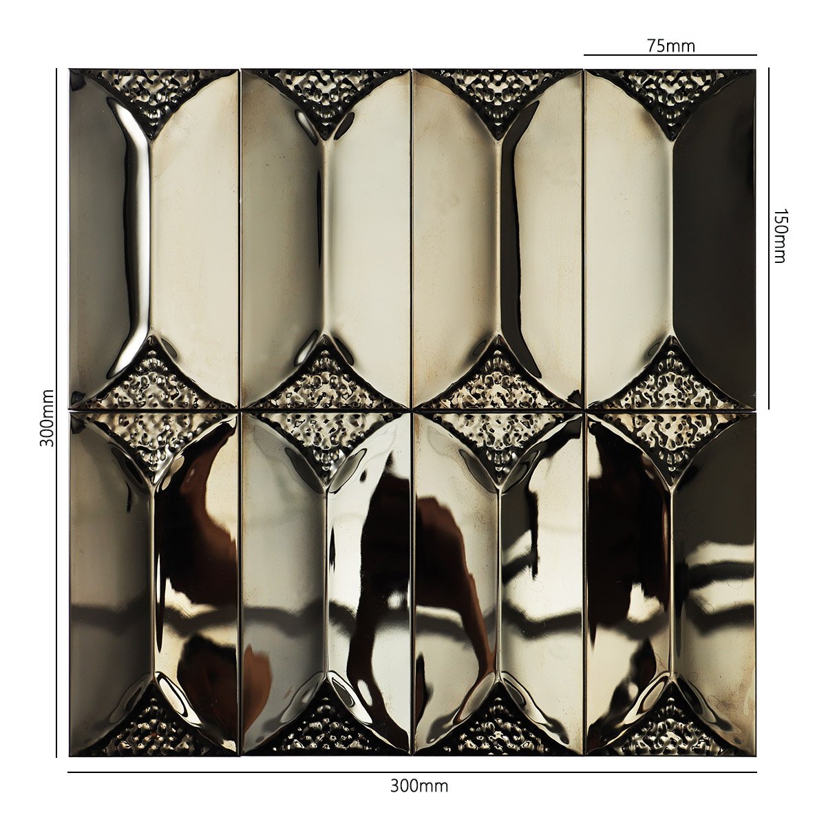 Obverse side of 3D black mirror metal rectangle mosaic tiles, showing size.