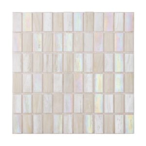Obverse side of rectangle beige multicolor iridescent glass mosaic tiles