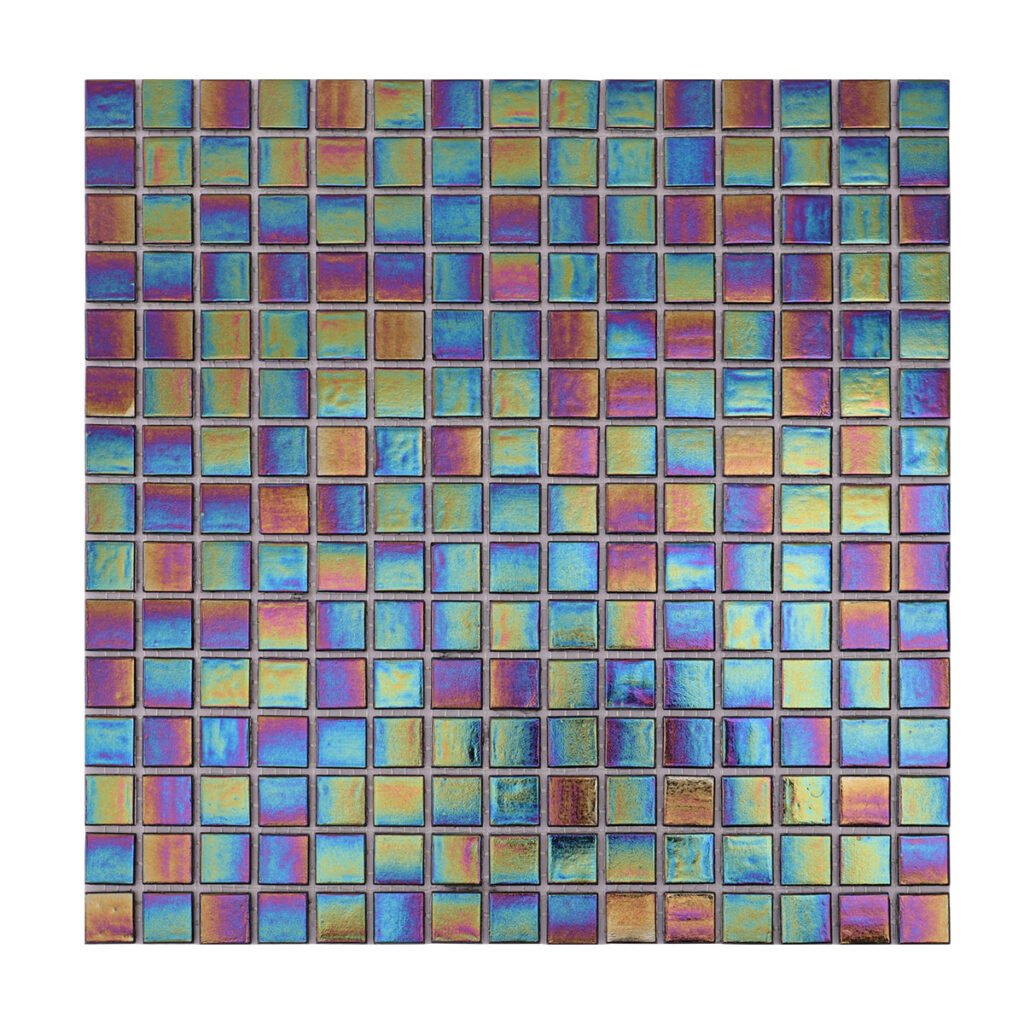 Mosaico de vidrio – multicolor, cuadrado, iridiscente, para salpicadero