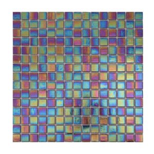 Detailed view of multicolor iridescent square glass mosaic tiles obverse