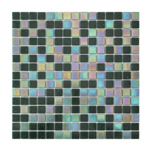 Obverse side of iridescent green square glass mosaic tiles