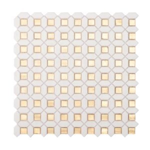 Obverse side of glossy gold and white glass mosaic tiles