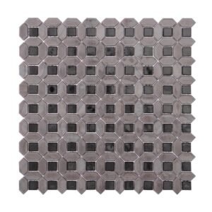 Obverse side of gray picket and black square glass mosaic tiles