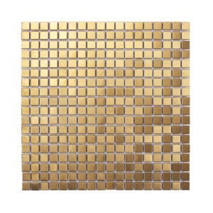 Obverse side of metallic gold square mosaic wall tiles.