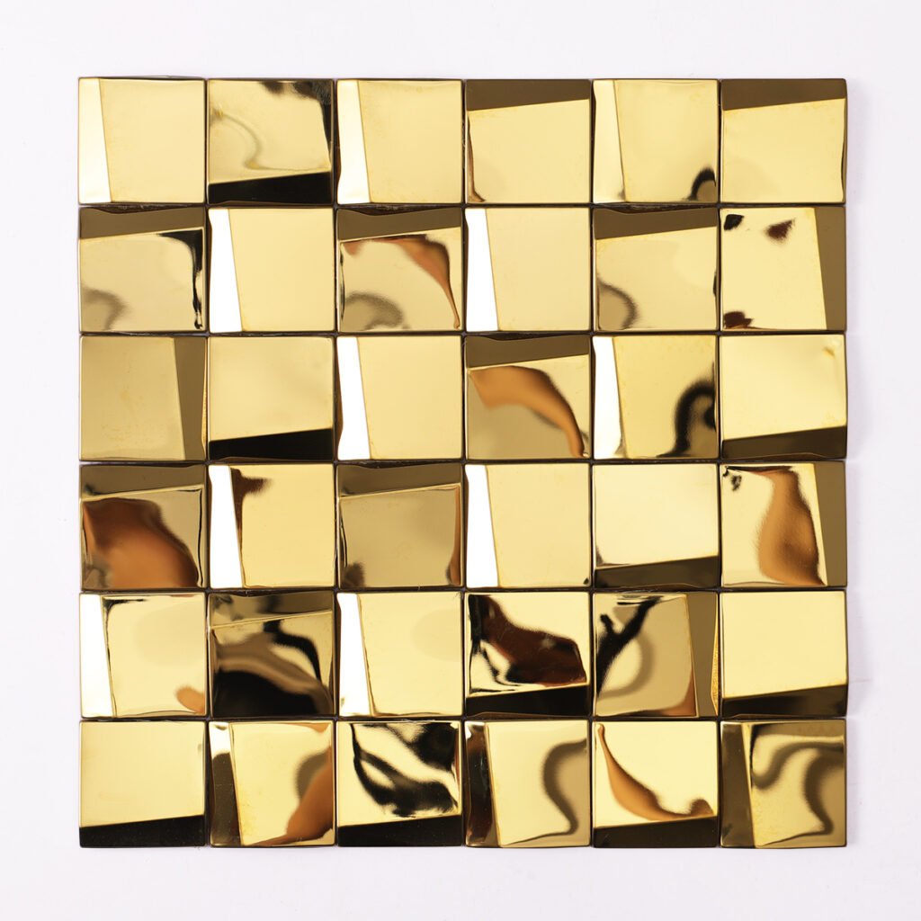 Guldfärgade kvadratiska 3D-mosaikplattor i rostfritt stål för vägg och köksstänkskydd