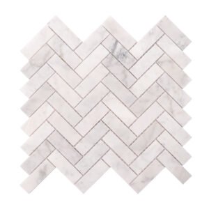Obverse side of polished herringbone Carrara white marble mosaic tiles.