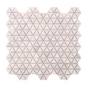 Obverse side of Carrara white geometric triangle marble mosaic tiles.