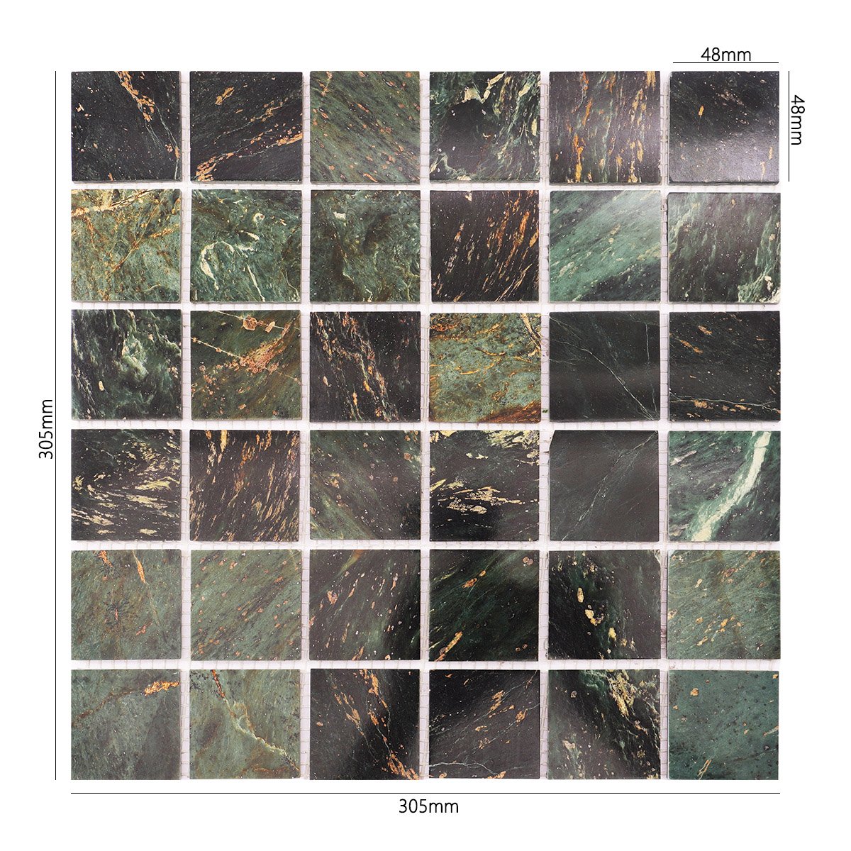 Size view of obverse side of Empress Green square marble mosaic tiles.