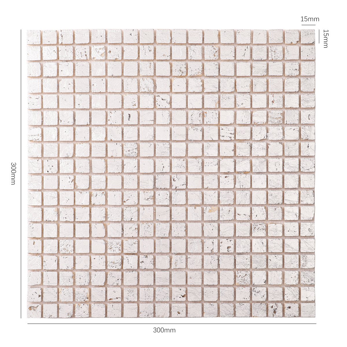 Obverse side of silver foil travertine mosaic wall tiles, showing size.