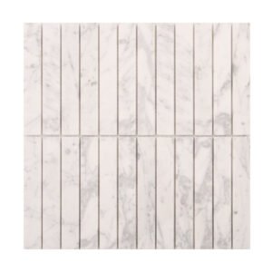 Obverse side of Carrara white marble stacked polished mosaic tiles.