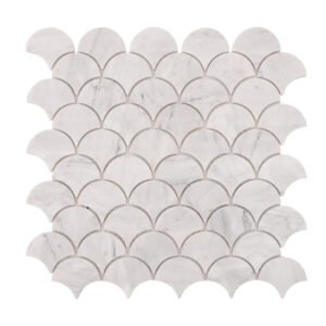 Obverse side of fish scale fan shape Carrara white marble polished mosaic tiles.