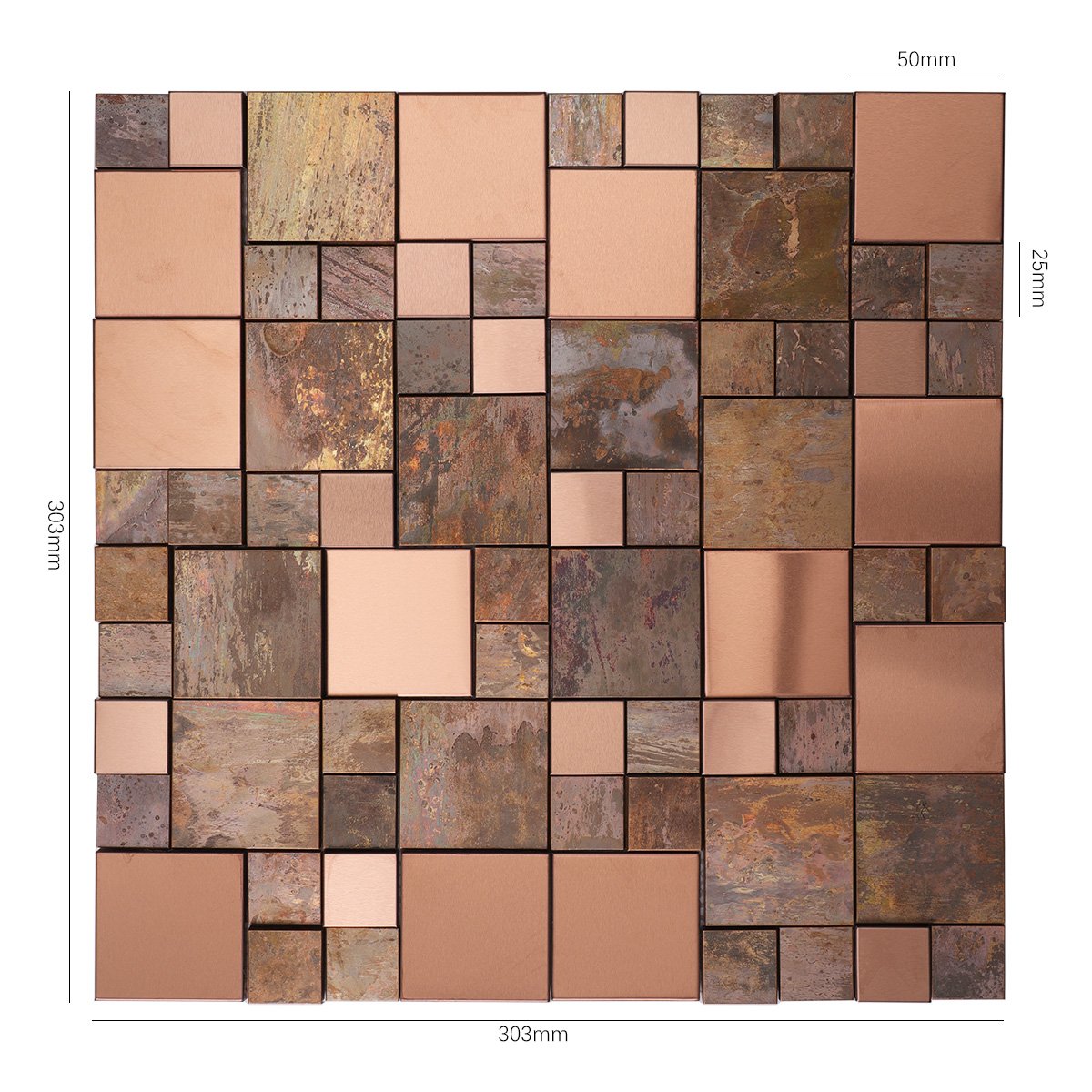 Size view of obverse side of 3D copper and stainless steel tiles.