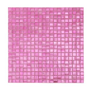 Obverse side of glossy uniform square pink foil glass mosaic tiles.