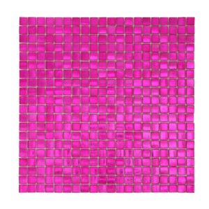 Obverse side of hot pink foil square glass mosaic tiles.