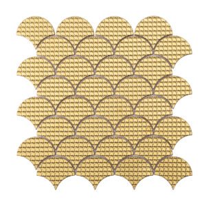 Obverse side of 3D gold metal shell shaped mosaic tiles.
