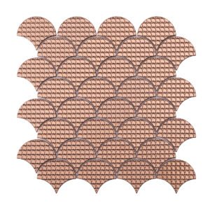 Obverse side of rose gold metal scallop mosaic tiles.