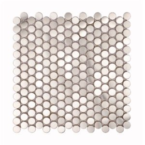 Obverse side of brushed silver penny rounds metal mosaic tiles.