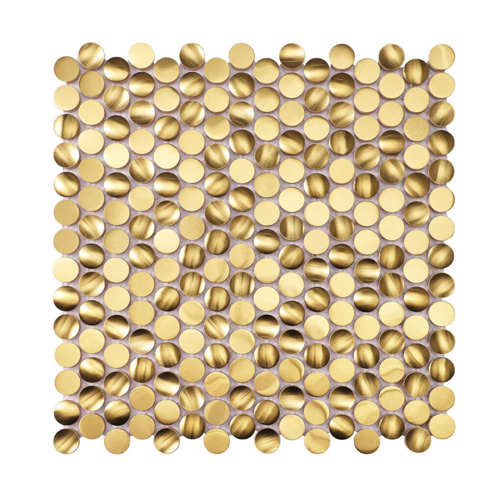 Mosaikfliesen aus Edelstahl – Goldfarben, kleine Rundformen, gebürstet, 3D-Struktur