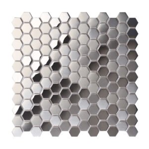 Obverse side of silver hexagon stainless steel mosaic tiles.
