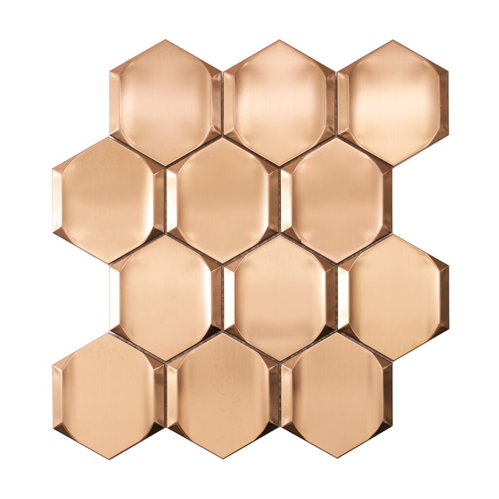 Roséguldfärgade 3D-hexagonmosaikplattor i rostfritt stål för köksstänkskydd