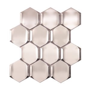 Obverse side of silver 3D stainless steel hexagon mosaic tiles.