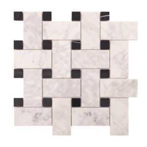 Obverse side of Carrara white basketweave marble mosaic tiles