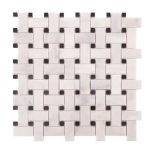 Obverse side of Carrara white basketweave marble mosaic tiles