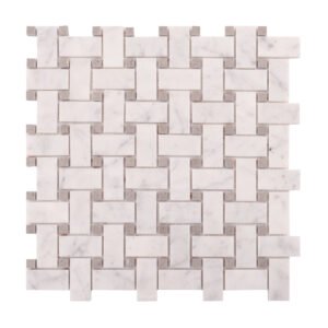 Obverse side of Carrara white basketweave marble mosaic tiles