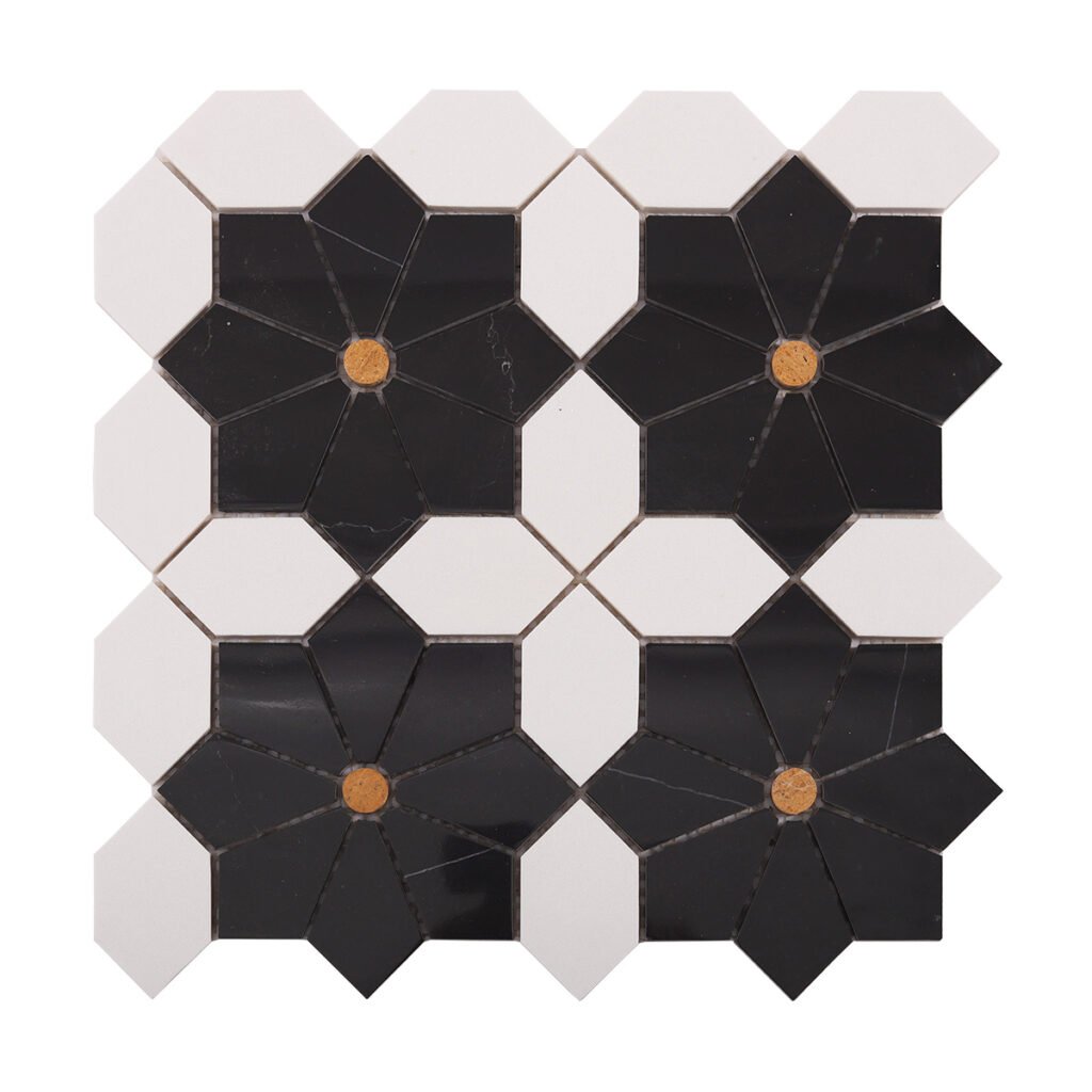 Marmormosaikfliesen – Weiß / Schwarz, Blumenmuster – BJ-DE64666D93D4