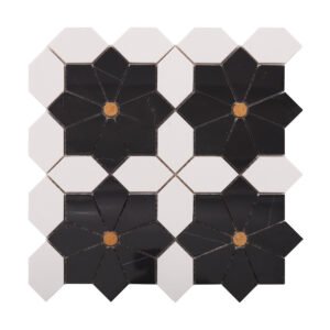 Obverse side of white and black floral marble mosaic tiles