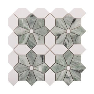 Obverse side of Ming green and white floral marble mosaic tiles