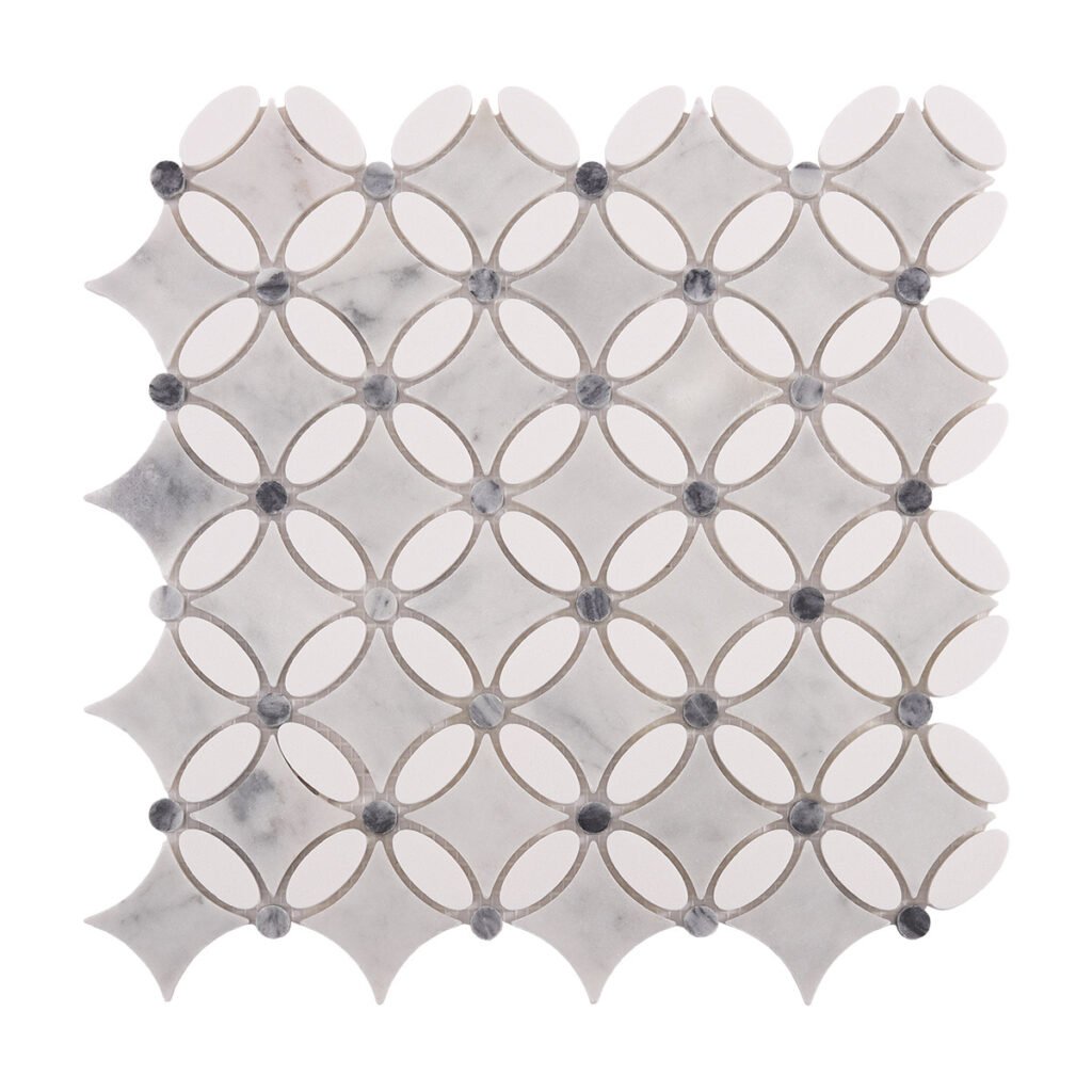 Mosaïque en marbre – Thassos, blanc / gris, motif floral
