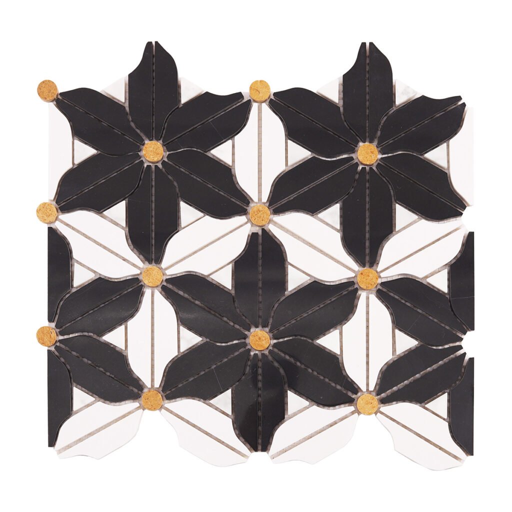 Piastrelle a mosaico in marmo – bianco / nero, floreale, per paraschizzi