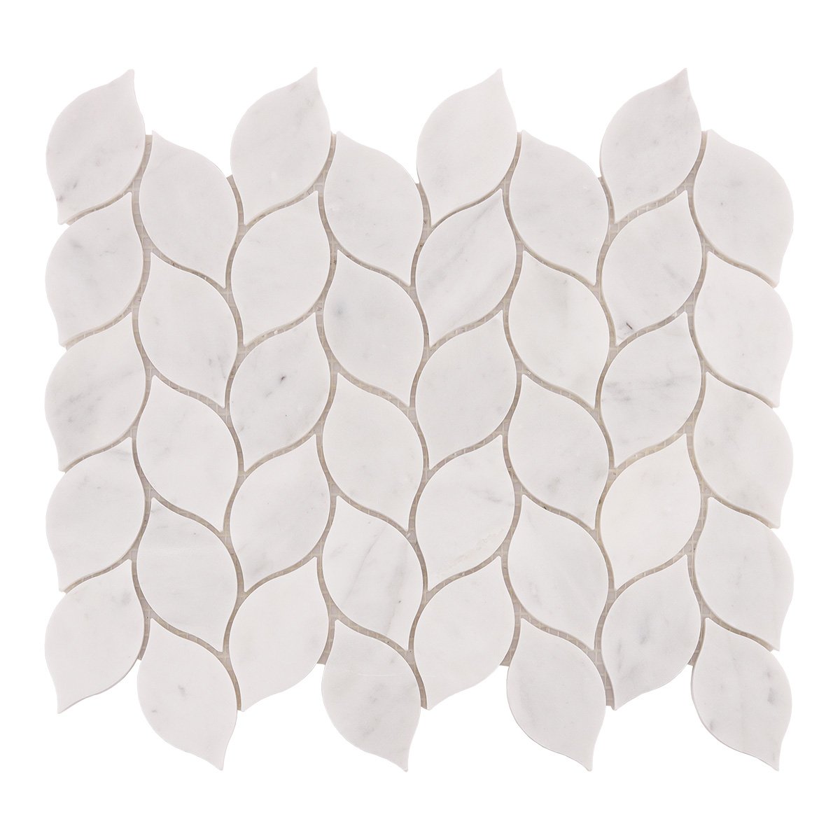 Obverse side of Carrara white leaf marble mosaic tiles