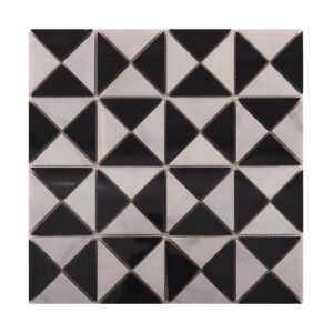 Front view of Carrara White and Black Triangle Windmill marble mosaic tiles