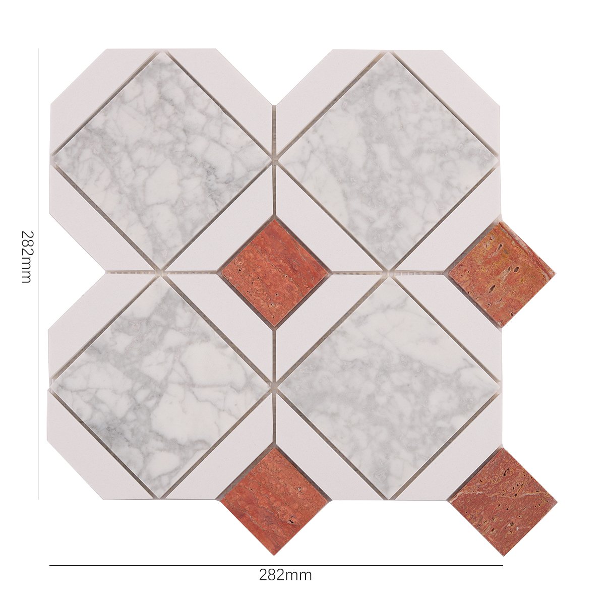 Size view of obverse side of White and Red Polished Marble Mosaic Tiles.